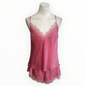 VICTORIA’S SECRET Pink Lace Trim Sleepwear Set PJ’s Cami Shorts M Silky Lounge